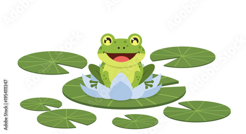 Green Frog on Lily Pad Smiling.