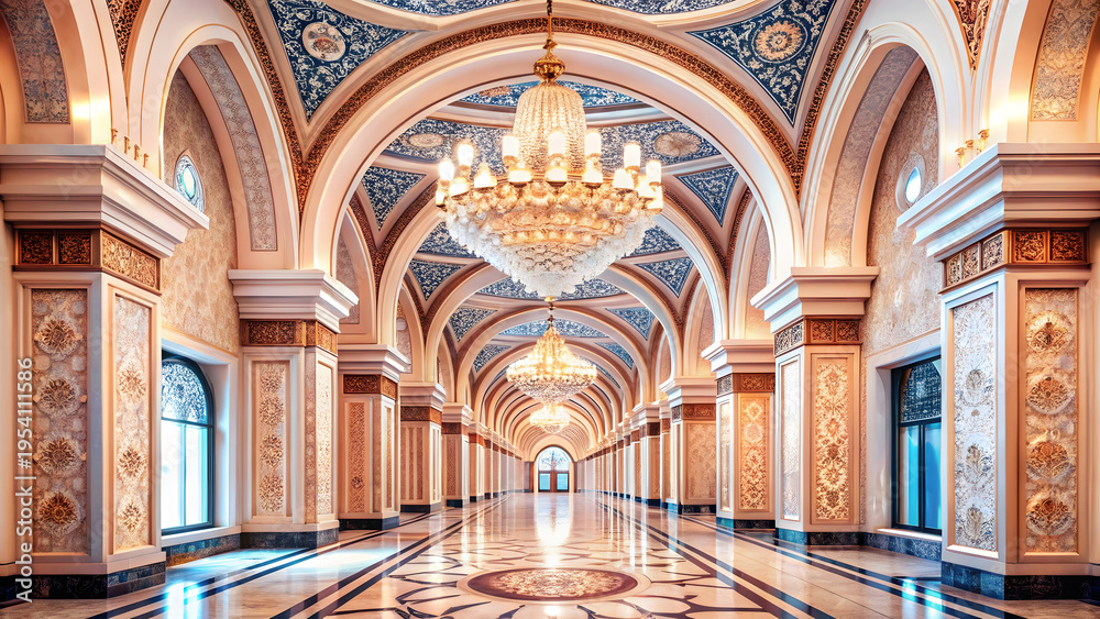 Obraz premium Grand ornate hallway with chandeliers and patterned floor