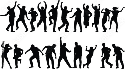 Set of happy people dancing silhouettes, group of men and women celebrating in various poses, isolated on white background, party movement.