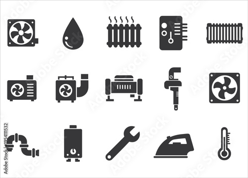 A collection of black heating ventilation and air conditioning system icons with a transparent background silhouette high quality professional detailed modern