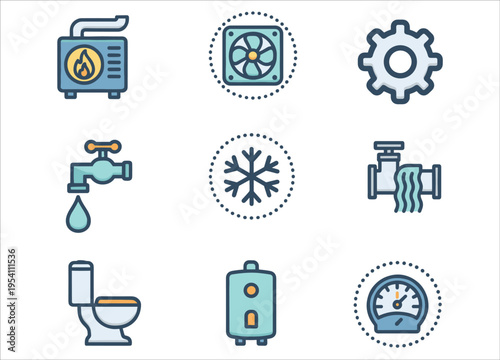 A set of colorful industrial icons depicting heating cooling plumbing and sanitation on transparent background silhouette high quality professional detailed modern