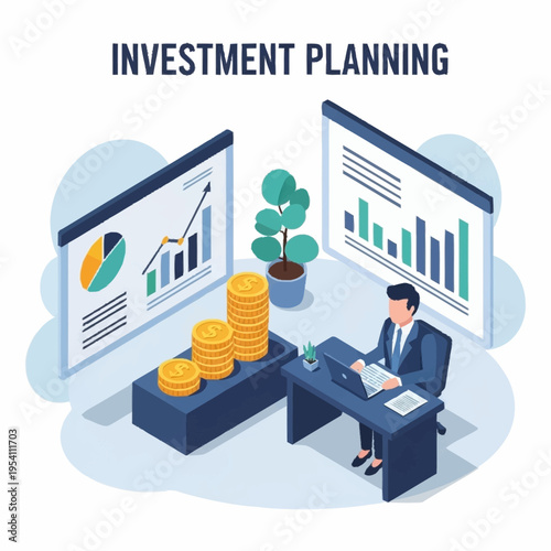 Isometric illustration of investment planning with a man at a desk and charts.