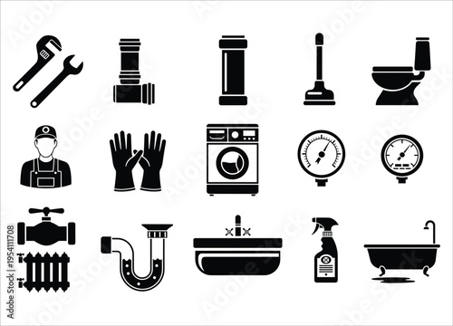 A collection of black plumbing and maintenance tools appliances and fixtures presented as a silhouette on transparent background high quality professional