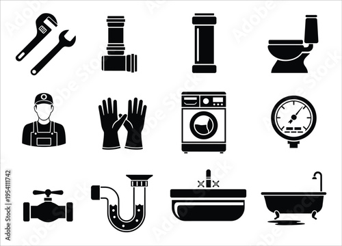 A collection of plumbing and bathroom related icons in a minimalist black silhouette on transparent background high quality professional detailed modern
