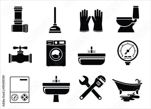 A collection of black silhouette plumbing and bathroom fixture icons on transparent background high quality professional detailed modern elegant stylish clean