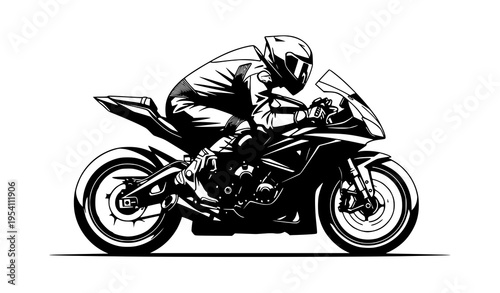 Motorcyclist Riding Sport Motorcycle Black White Vector Silhouette
