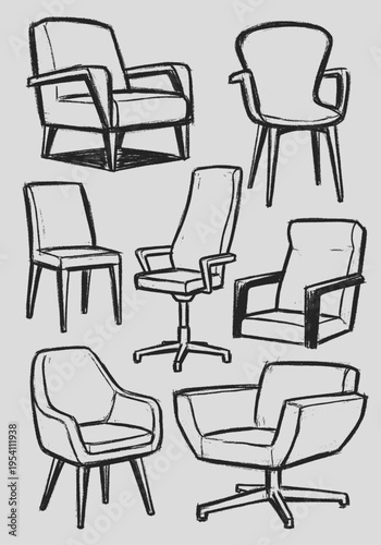 Hand-drawn vector illustration featuring a diverse collection of modern and vintage chairs, depicted in a stylish charcoal sketch art style
