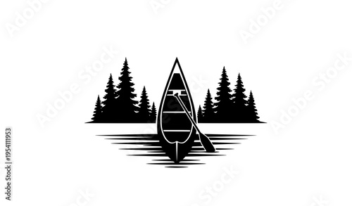 Outdoor Canoeing Silhouette with Paddle and Pine Trees Vector Nature Scene