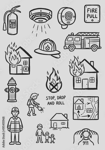 Sketchy vector illustration depicting a comprehensive set of fire safety and emergency response elements, featuring firefighters, equipment, and prevention tips