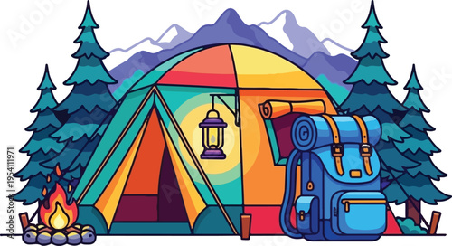 A colorful camping scene featuring a tent with a lantern and backpack in front of pine trees