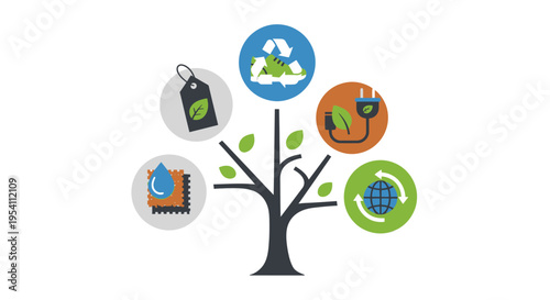 Sustainable Growth Tree: Green Energy, Recycling, Eco-Products, Water & Global Responsibility Concept