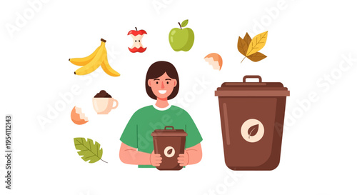 Happy Woman Composting Organic Waste: Recycling Food Scraps for Sustainable Living and Green Environment