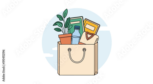 Eco-friendly Shopping Bag with Daily Essentials: Books, Plant, Water Bottle, Clothing. Sustainable Lifestyle & Personal Belongings Vector Illustration.