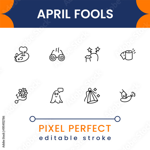 Funny prank and April Fools icon pack featuring humor jokes, comedy elements and playful symbols modern flat vector collection for fun design