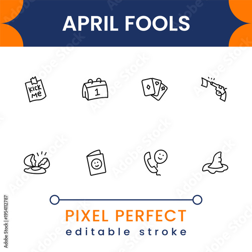Funny prank and April Fools icon pack featuring humor jokes, comedy elements and playful symbols modern flat vector collection for fun design
