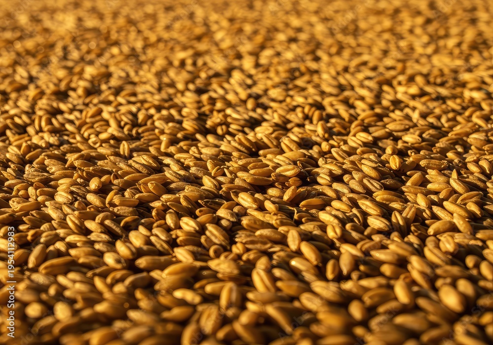 Obraz premium Abstract texture of densely packed cereal grains creating a dense, natural, geometric background pattern in warm golden sunlight, close up, rye, golden