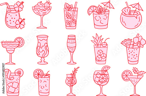 hand drawn pink line cocktail icons set with tropical drinks and summer beverages isolated on white for menu stickers and social media