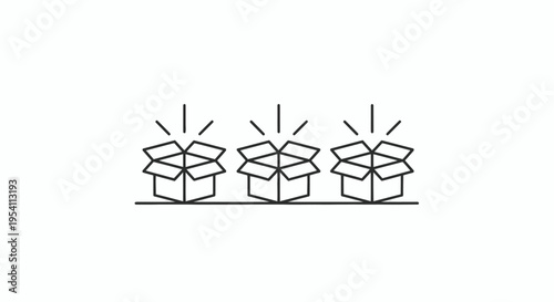Minimalist vector illustration of three open delivery boxes with a radiant glow, symbolizing new arrivals, special offers, or an exciting unboxing experience for e-commerce and retail