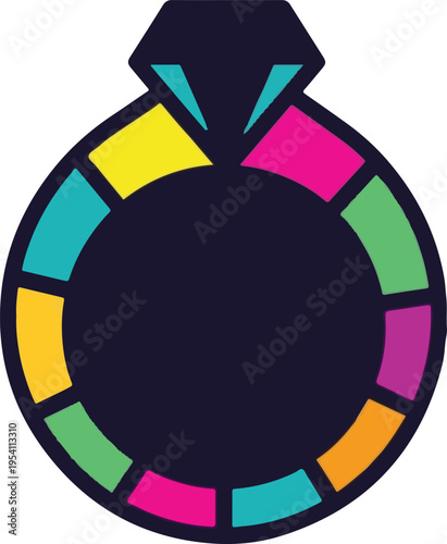 A vibrant and colorful illustration of a diamond engagement ring with a segmented rainbow band