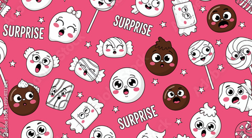 Playful seamless pattern of surprised cartoon candy characters and sweet treats on a vibrant pink background, featuring scattered 'SURPRISE' text for fun designs