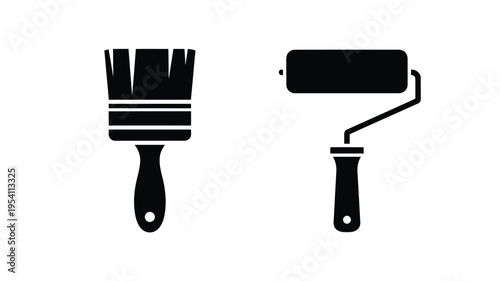 Painting tools including a brush and roller in black silhouette