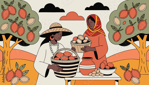 Cartoon illustration of a Mexican housewife in the kitchen cooking a meal with a sombrero and cactus, while a fat boy eats a vegetable dinner and a child enjoys a dessert cake