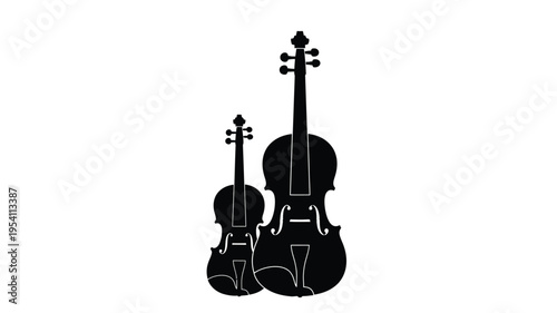 Two violins a large and small instrument in black silhouette