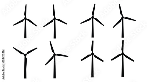 Six black wind turbines stand against a white background silhouette