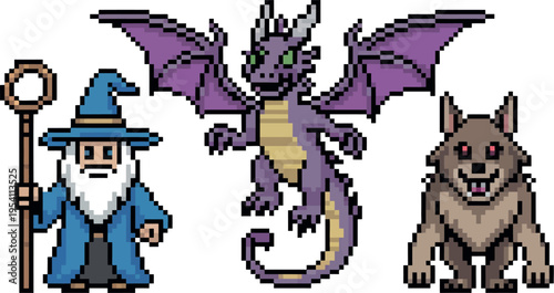  A charming trio of pixel art characters includes a wizard with a staff, a purple dragon, and a smiling wolf. These nostalgic graphics are designed in a low-resolution style reminiscent of classic 8-b