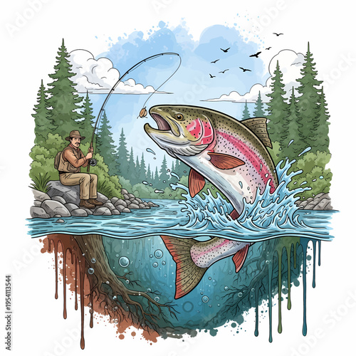 Rainbow trout jumping out of water to catch lure with fisherman on river bank in forest background