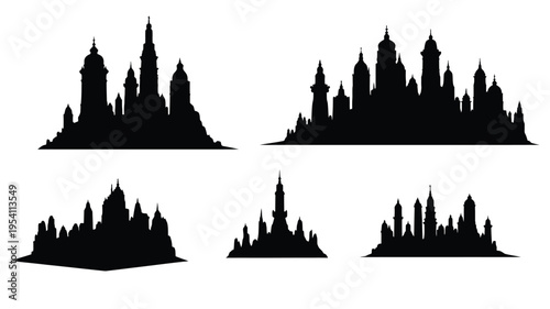 Dramatic city skyline compositions in stark black a silhouette