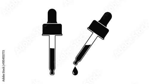 Two dropper bottles with liquid a striking black silhouette