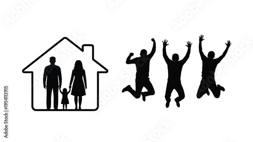 Happy family near a house depicted in a striking silhouette