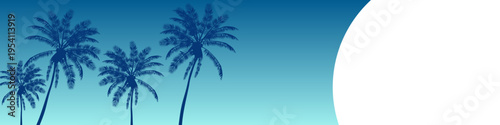 Silhouettes of tropical palm trees against a vibrant blue gradient sky, with a large white curved design element on the right side.