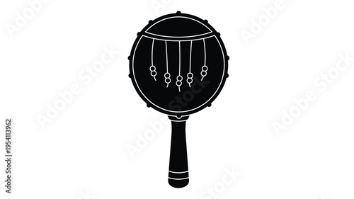 Black tambourine with hanging beads shown in stark silhouette