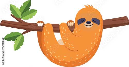 A cute cartoon sloth hanging peacefully from a brown tree branch with green leaves on white ground