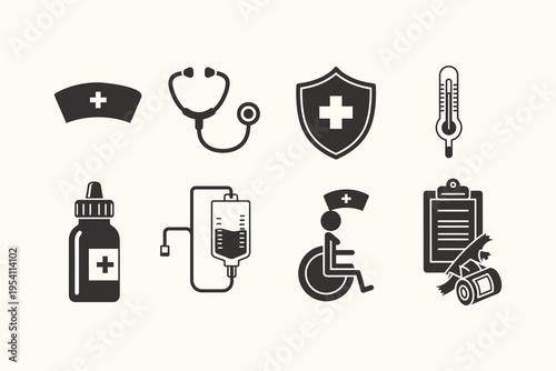 Medical and Healthcare Icons Set: Hospital, Clinic, Nurse, Doctor, Patient Care Symbols including Stethoscope, Thermometer, IV Drip, Medicine Bottle, First Aid and Protection