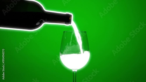 White wine pouring into glasses on green background with neon effect bottle serving alcohol drink