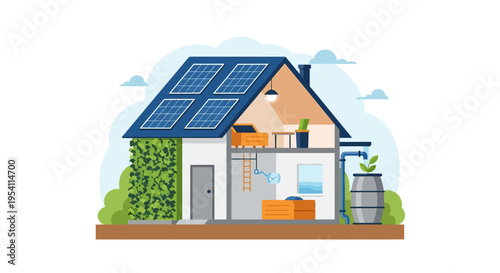 Eco-Friendly Sustainable House Illustration with Solar Panels, Green Wall & Rainwater Harvesting for Green Living & Energy Efficiency