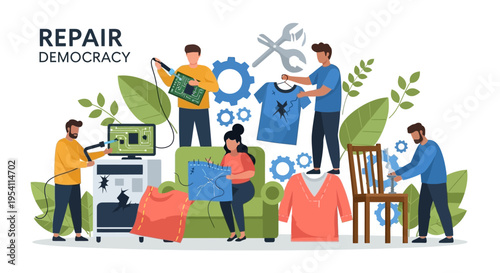 Repair Democracy Concept Illustration: Citizens Collaboratively Fixing and Improving Societal Systems and Public Institutions