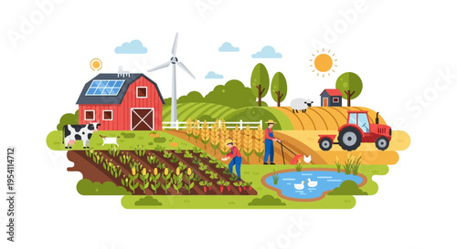 Modern Sustainable Farming Landscape with Farmers, Renewable Energy, and Diverse Agricultural Production