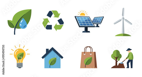 Sustainable & Eco-Friendly Icons Set: Green Energy, Recycling, Nature Conservation, and Green Living Concepts