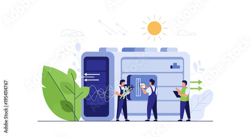 Green Energy Battery Storage System Maintenance by Technicians with Solar Power Integration
