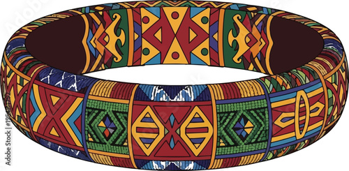A vibrant circular bangle bracelet featuring intricate geometric patterns and bold colorful motifs