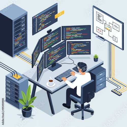 Isometric illustration of a programmer working at a desk with multiple monitors and servers, coding and developing software.