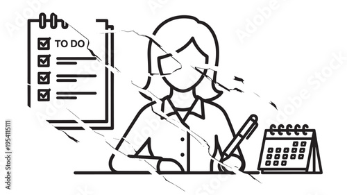 Woman sitting at desk with to-do list and calendar, feeling stressed featuring office, work, overwhelmed with busy and anxiety elements for worry,