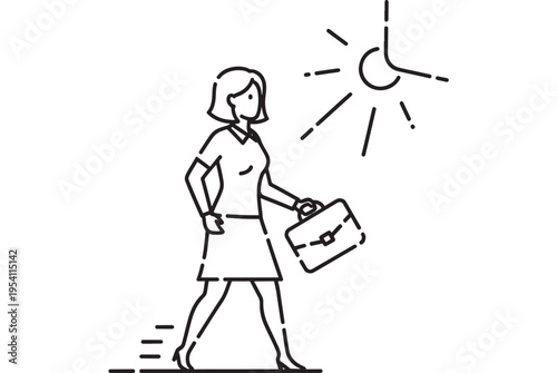 Woman walking with briefcase under sun rays in simple line art style featuring illustration, business, professional with office and work elements for