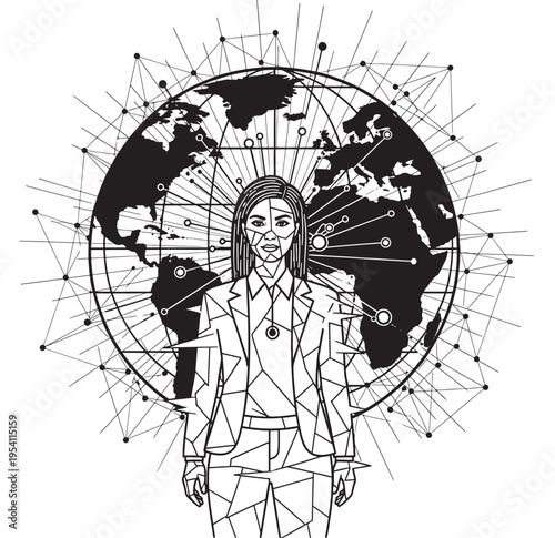 Woman standing in front of a world map with geometric lines and points featuring person, globe, earth with illustration and vector elements for
