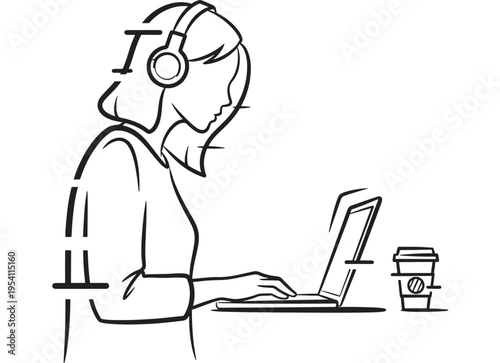 Woman wearing headset sitting with laptop computer and coffee featuring cup, working, remote with office and business elements for professional,