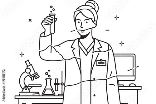 Scientist woman in lab coat working with test tube and microscope in laboratory setting with computer